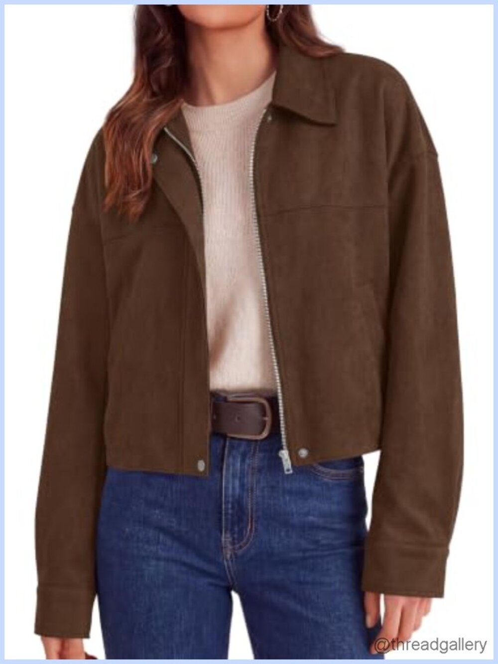 Faux Suede Cropped Zip Up Fall Jacket Lapel Collar Lightweight
